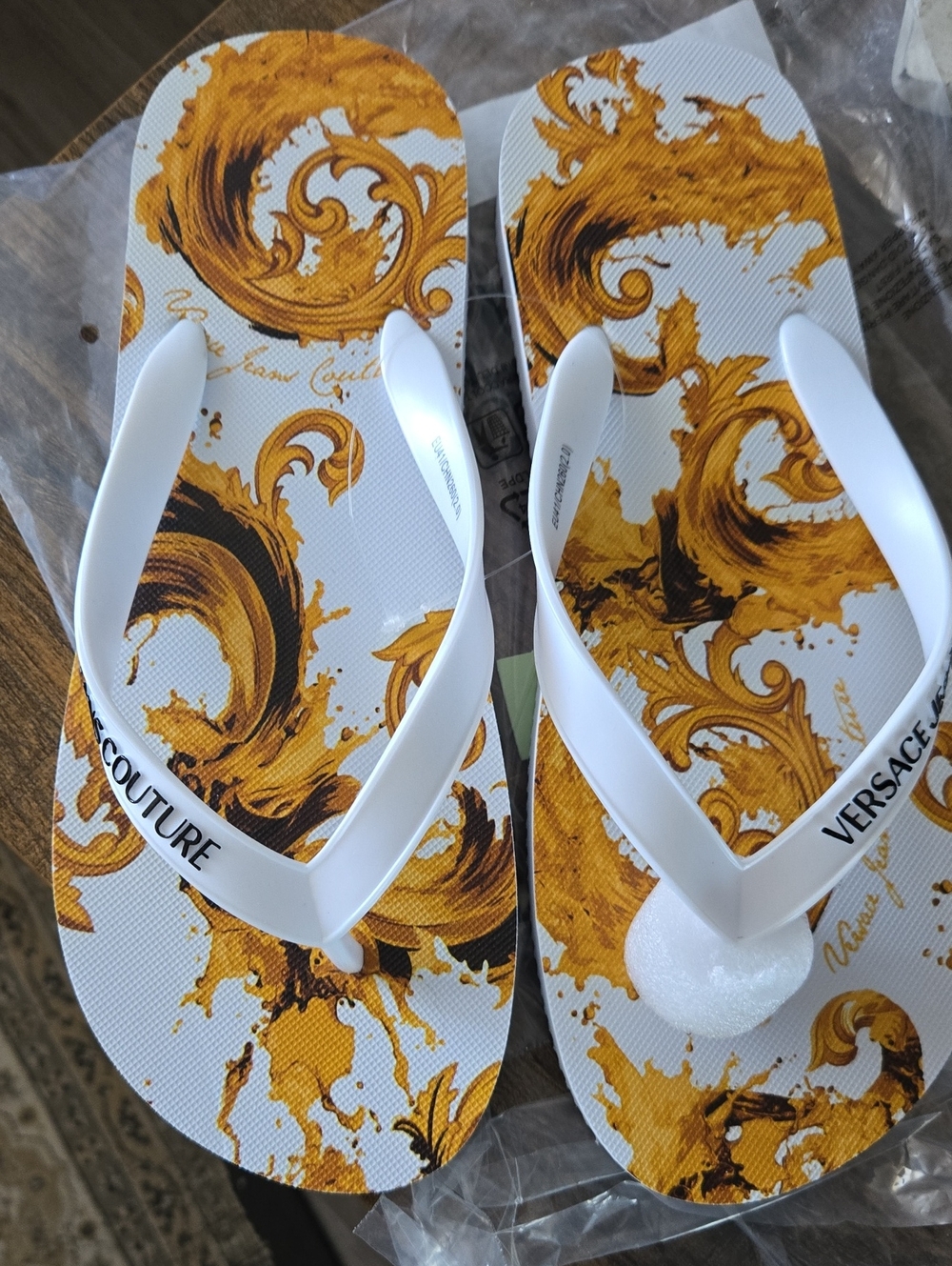 Versace Jeans Collection Men White & Gold Scroll Print Flip Flops